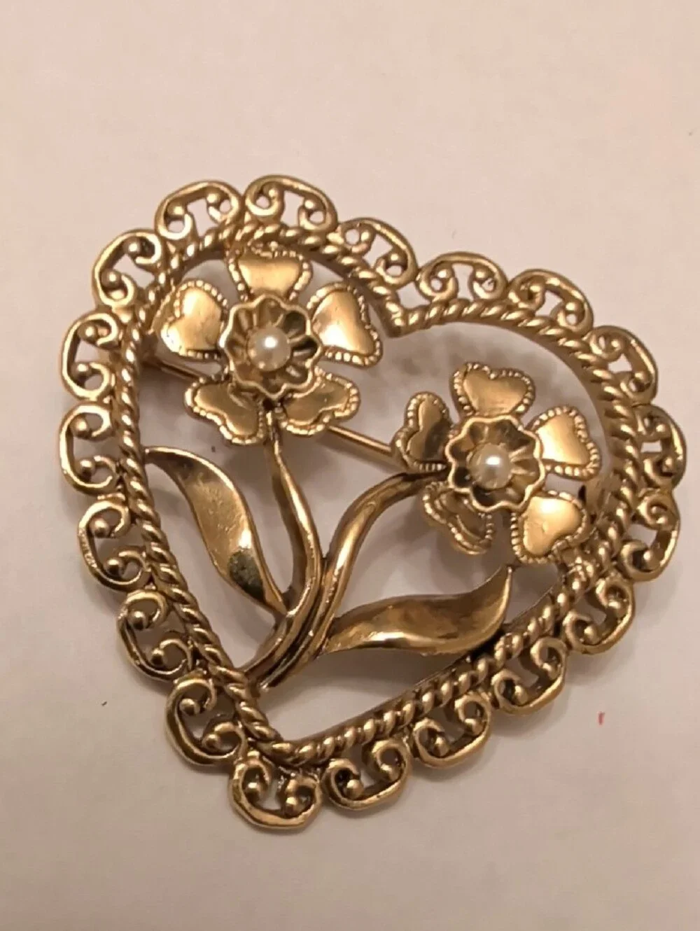 Gold Tone Heart Floral Brooch with Pearled Accents